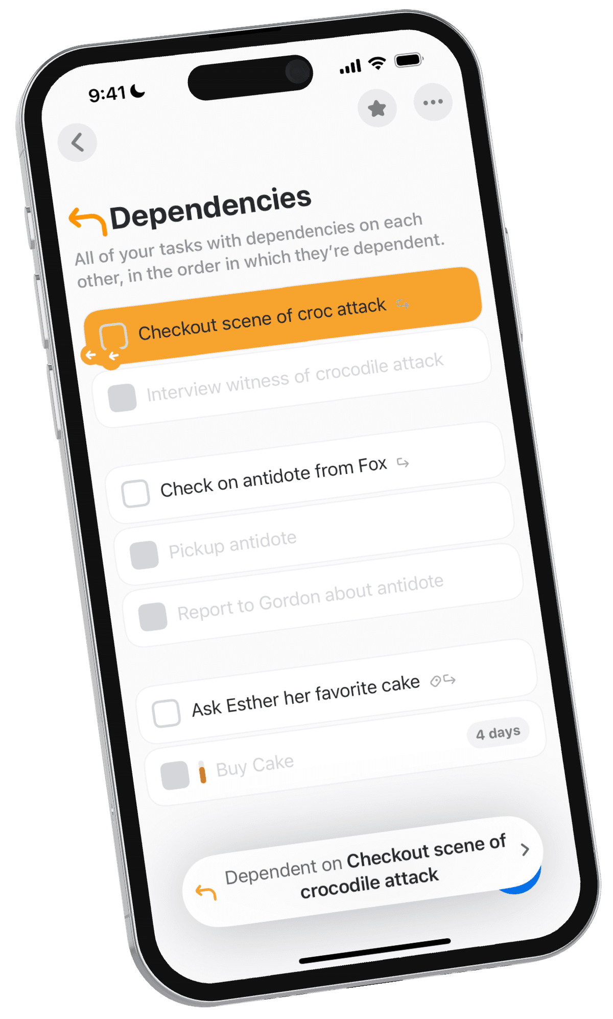 Task dependencies in Stuff, showing tasks ordered by what needs to happen first
