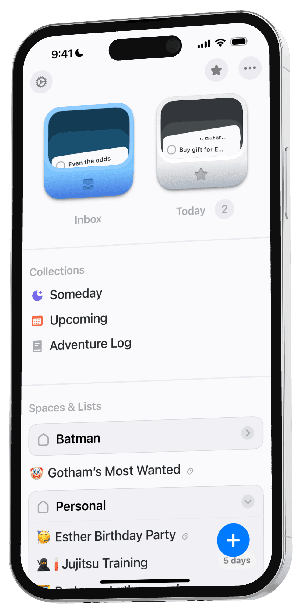 The Stuff Launchpad on iPhone, showing the Inbox, Today, collections, and spaces